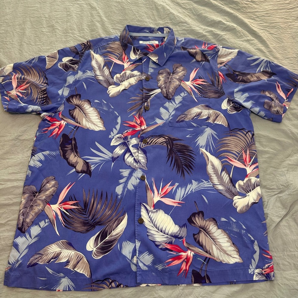 Tommy Bahama Men L‎ Blue 100% Silk Bird of Paradise Tropical Floral Camp Shirt